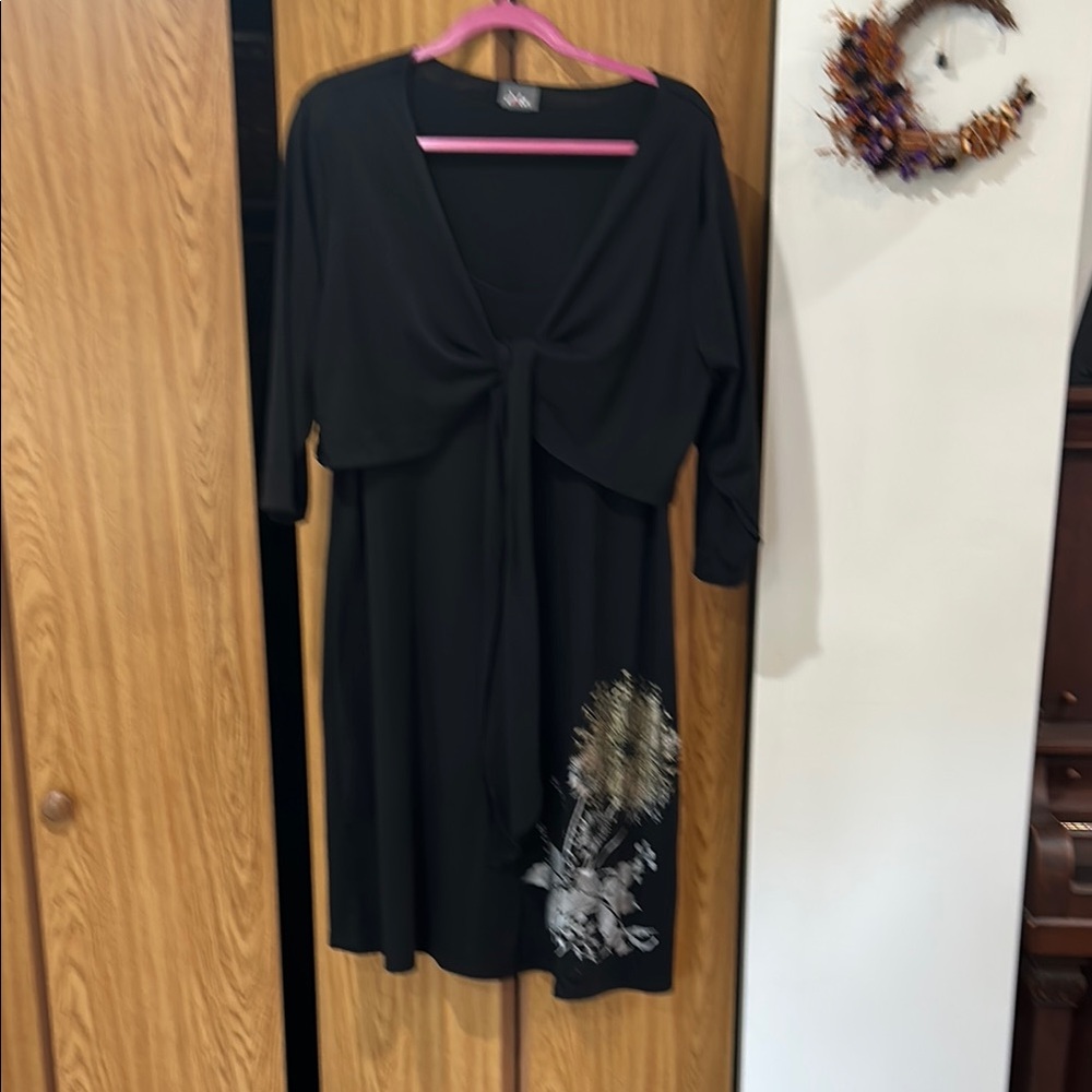 Dots Black Midi Dress with Floral Design